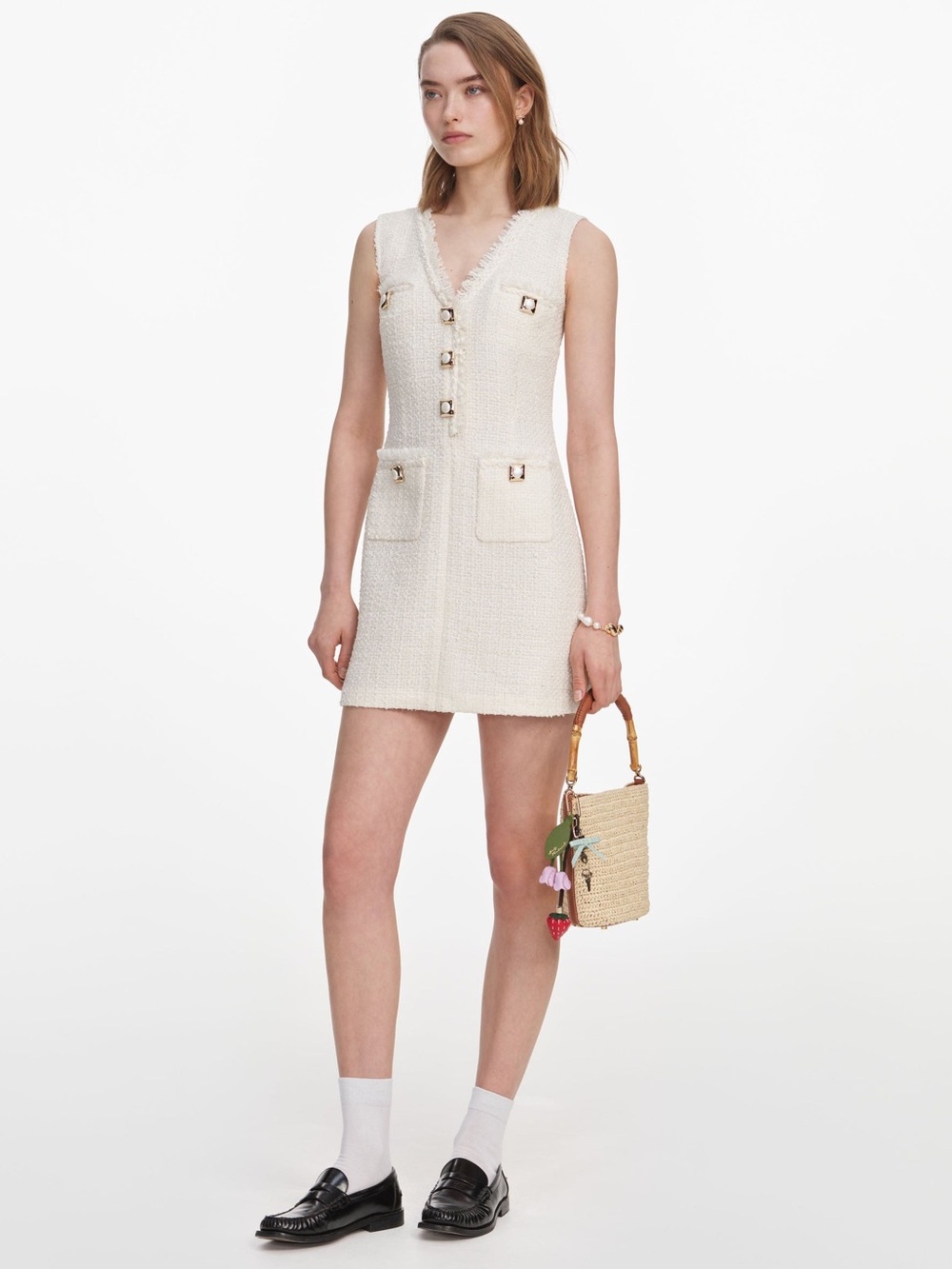 NWOT Self-Portrait CREAM SLEEVELESS BOUCLE MINI DRESS - Picture 4 of 7